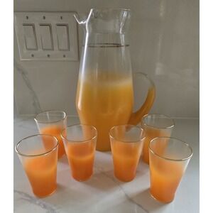 Vintage 50s 60s Blendo Frosted Ombre Orange Pitcher Glasses Gold Rims Set Of 7